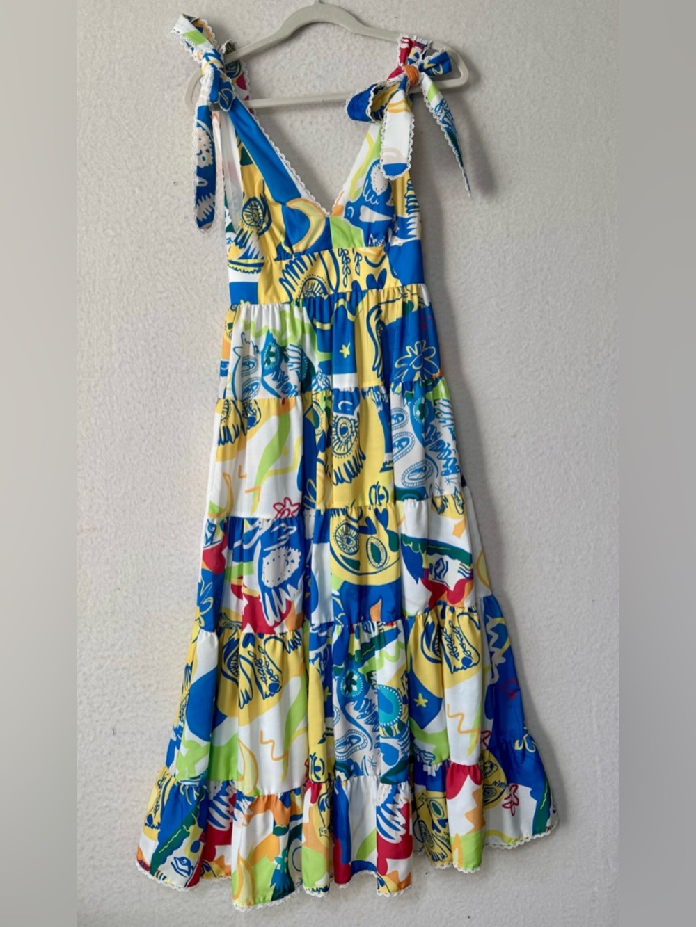 Chelsea & Violet Colorblock Patchwork Midi Dress Tie Strap Tiered XS